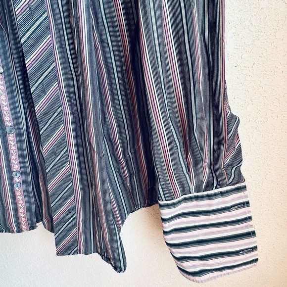 Bugatchi Uomo Button Down Shirt Flip Cuffs Stripes Large Men 100% Cotton Purple - Picture 3 of 12